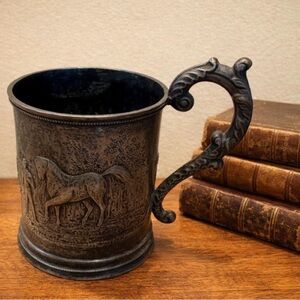 Antique-Pewter Metal Horse Tankard with Ornate Handle